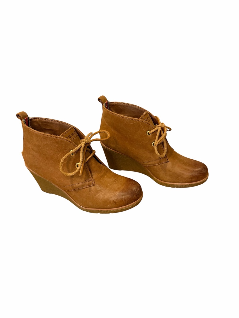 Sperry Cognac Leather Lace-Up Wedge Ankle Boots